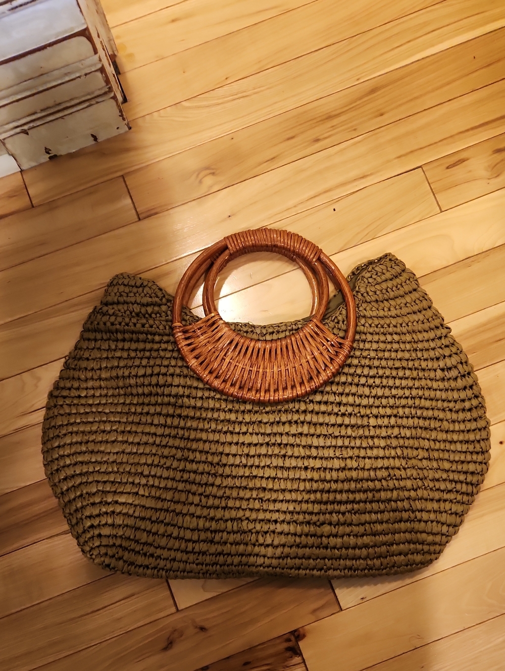 Woven Straw Tote Bag with Wooden Handles - Olive